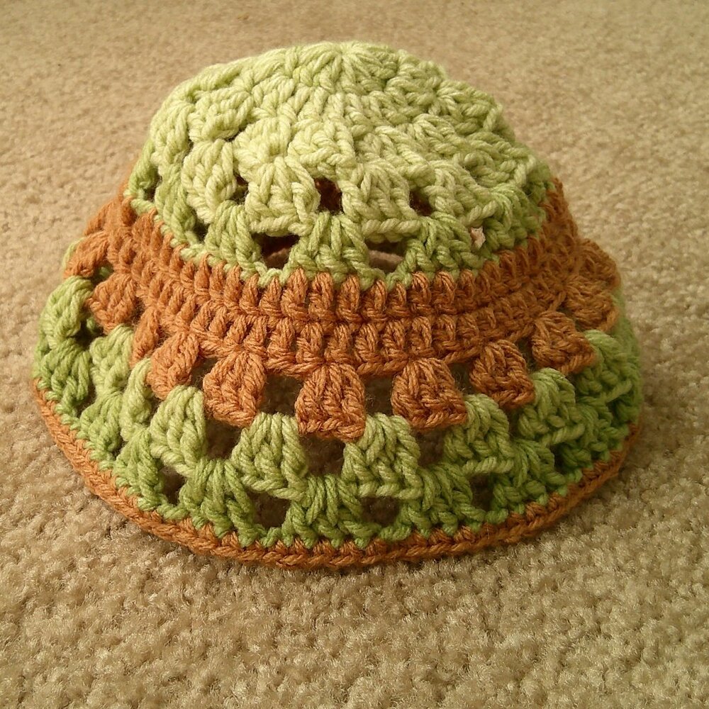 Handmade Crochet Girls Beanie Hat Mint Green and Brown